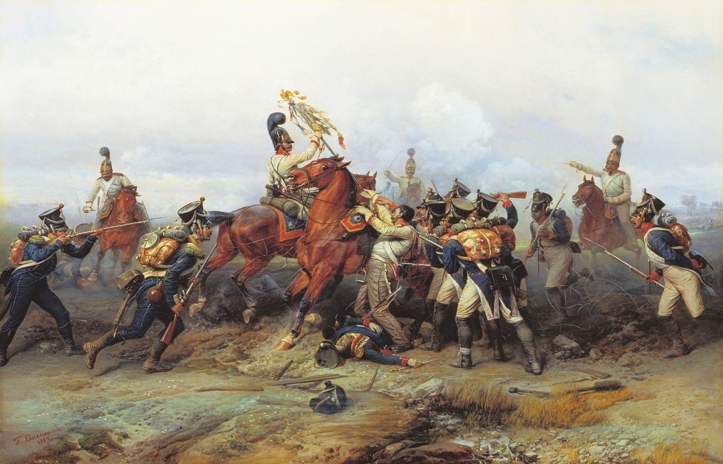 চিত্র: অস্টারলিটজের যুদ্ধের একাংশ; Image Courtesy: https://commons.wikimedia.org/wiki/File:Willewalde_-_Czar's_Guard_capture_4th_line_regiment's_standard_at_Austerlitz.jpg