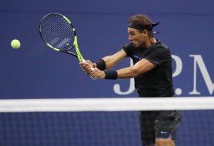 Aug 31, 2016; New York, NY, USA; Rafael Nadal of Spain returns a shot to Andreas Seppi of Italy on day three of the 2016 U.S. Open tennis tournament at USTA Billie Jean King National Tennis Center. Mandatory Credit: Geoff Burke-USA TODAY Sports