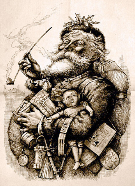 'Merry Old Santa Claus' නමින් 1881, ජනවාරි 1 වැනිදා Harper's Weekly සඟරාවේ පළවූ නෑස්ට් ගේ නත්තල් සීයා  (commons.wikimedia.org)