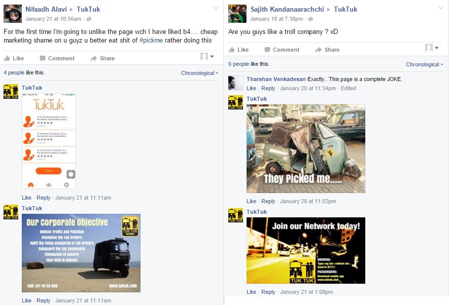 TukTuk would respond to comments with pictures, making no sense. Screenshots courtesy socialmedia.lk