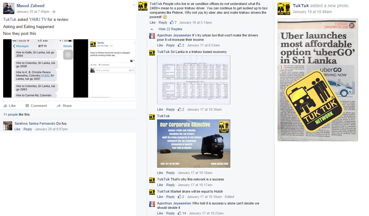 TukTuk indiscriminately attacked all its competitors. Screenshots courtesy socialmedia.lk