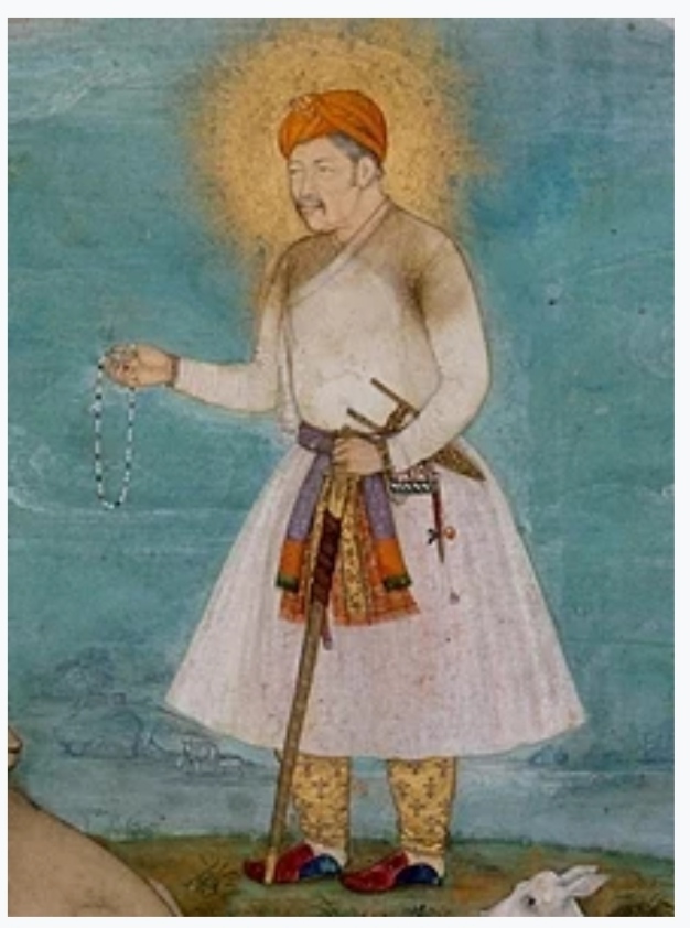 জপমালা হাতে সূর্যবন্দনা রত সম্রাট আকবর (মোঘলদের শিল্পী গোবর্ধনের আঁকা); Image Source : wikimedia