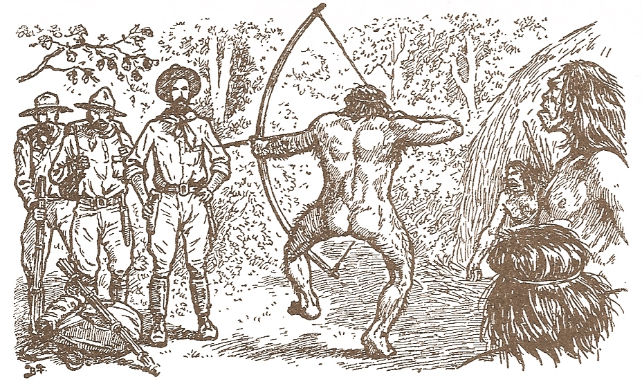 A depiction of Colonel Fawcett's encounter with the Maricoxi from Exploration Fawcett (1953).