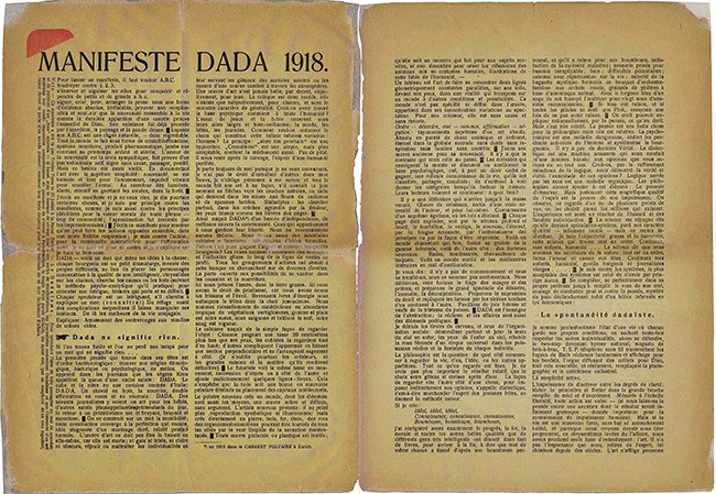 2-page layout of Tristan Tzara’s Dada Manifesto, printed in Dada 3 (December 1918)