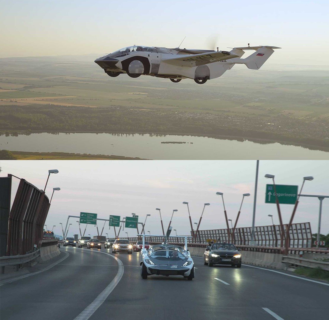 aeromobil in sky and on road