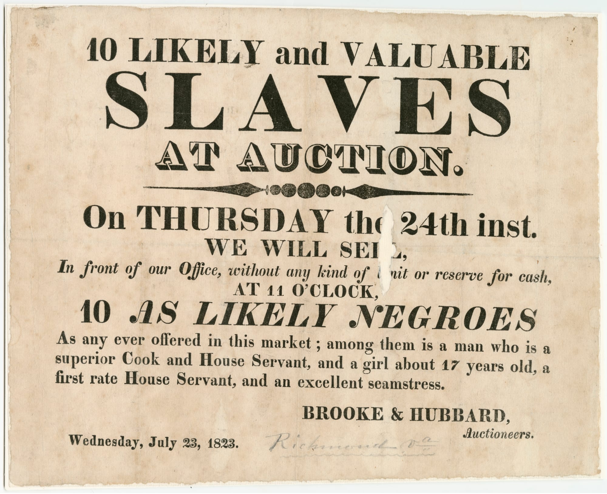 advertising a slavery auction