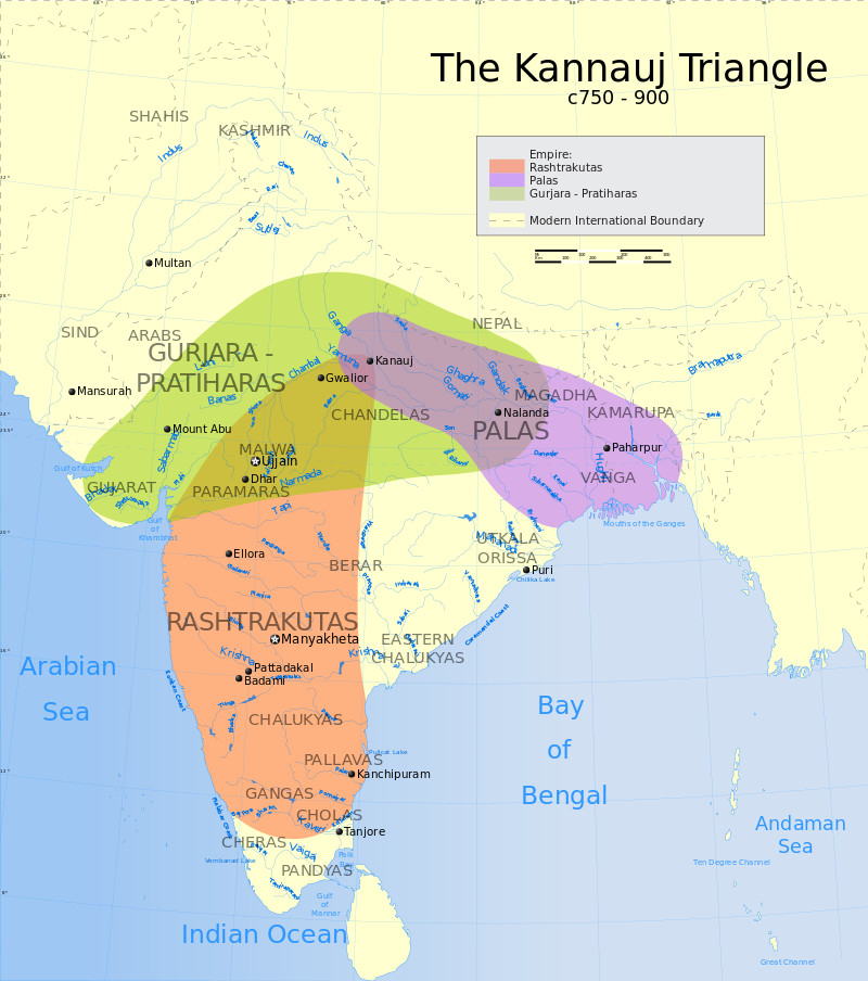 মানচিত্রে পাল, প্রতীহার ও রাষ্টকূটদের রাজ্য বিস্তার; Image Source: wikimedia commons