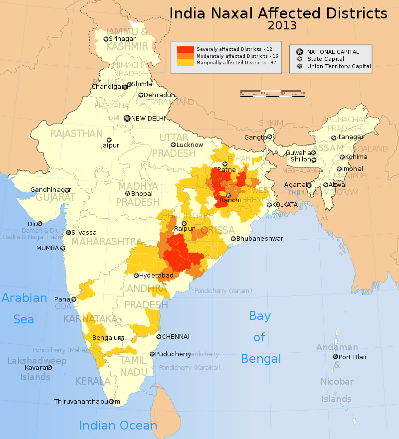 নকশাল আন্দোলনে প্রভাবিত ভারতীয় অঞ্চলগুলি Source: Wikimedia